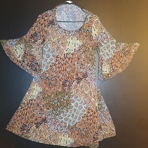Boho Paisley Bell Sleeve Tunic Top - Rust Multi